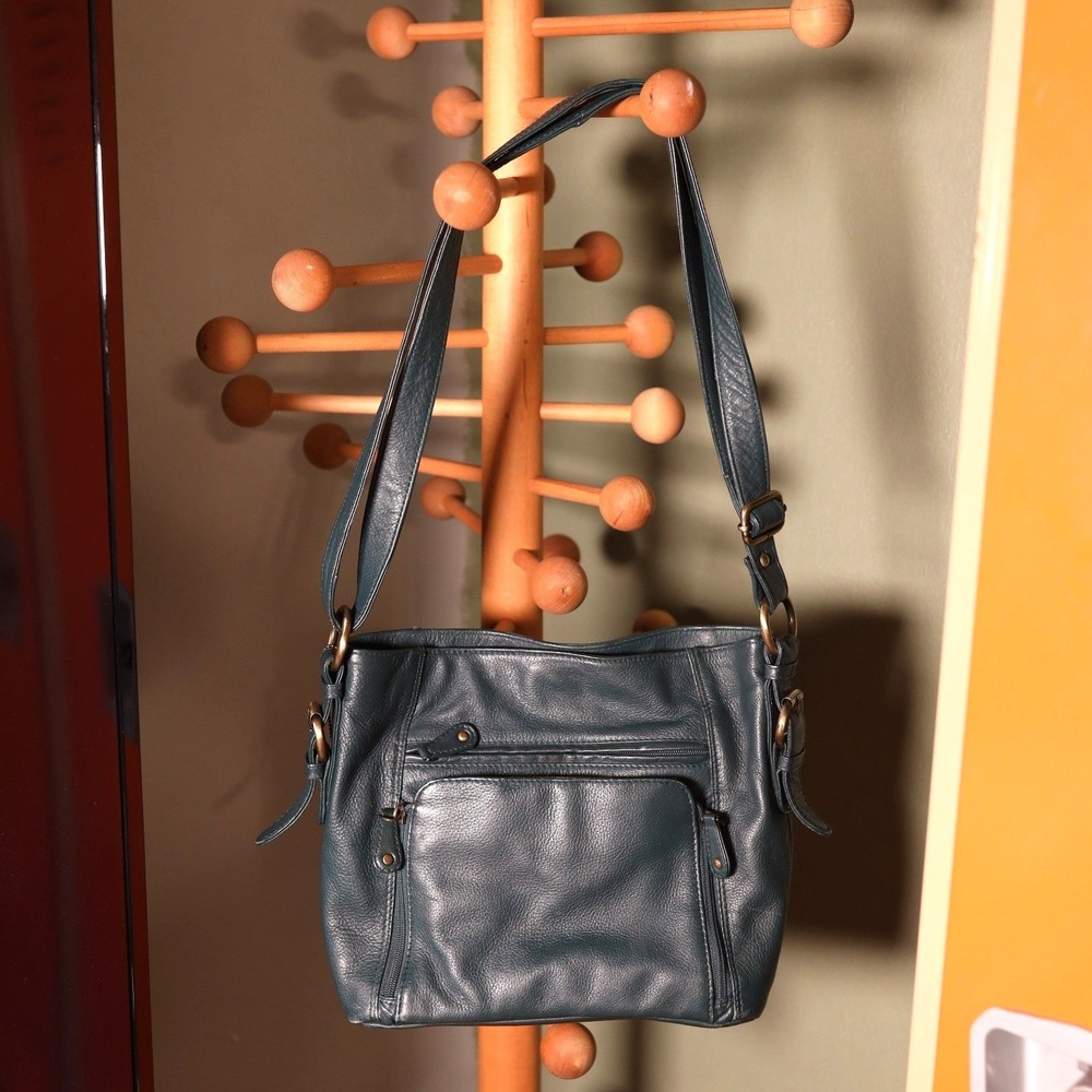 Great American Leatherworks Teal Leather Crossbody Organizer Bag Brass Hardware